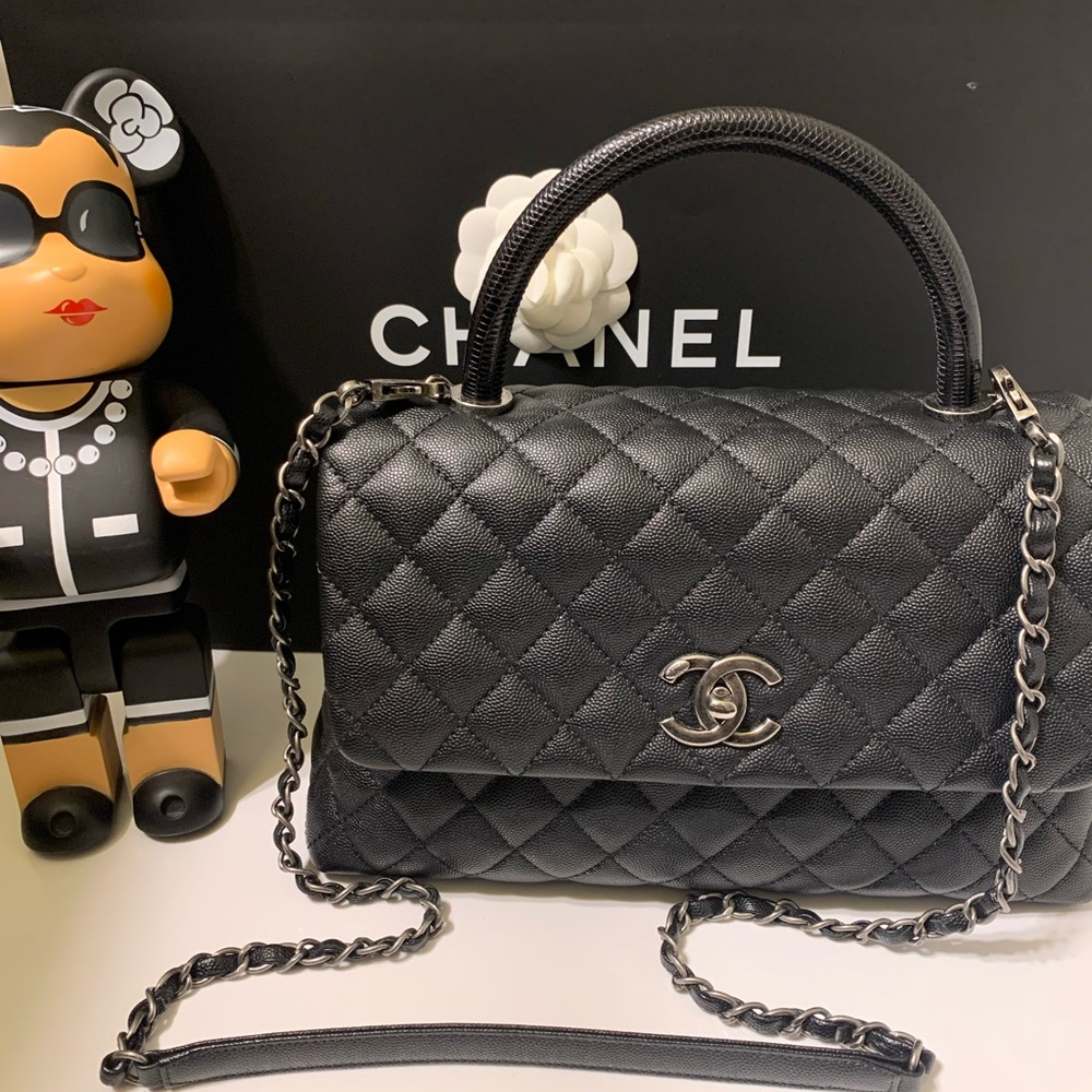 Auth Chanel Paris Coco top handle grained caviar classic black flap shoulder bag